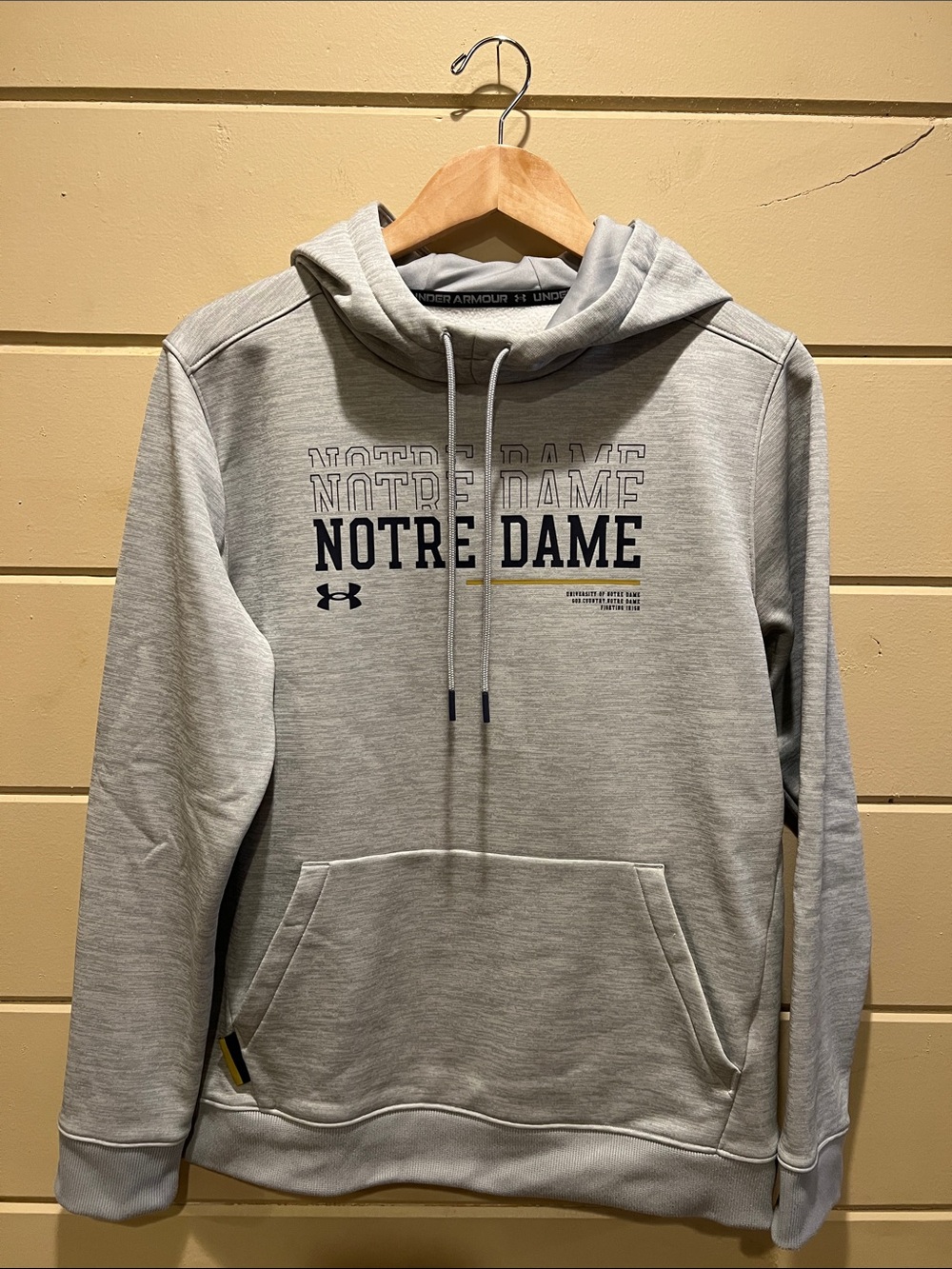 Under Armour Gray Notre Dame Pullover Hoodie with Navy and Gold Accents
